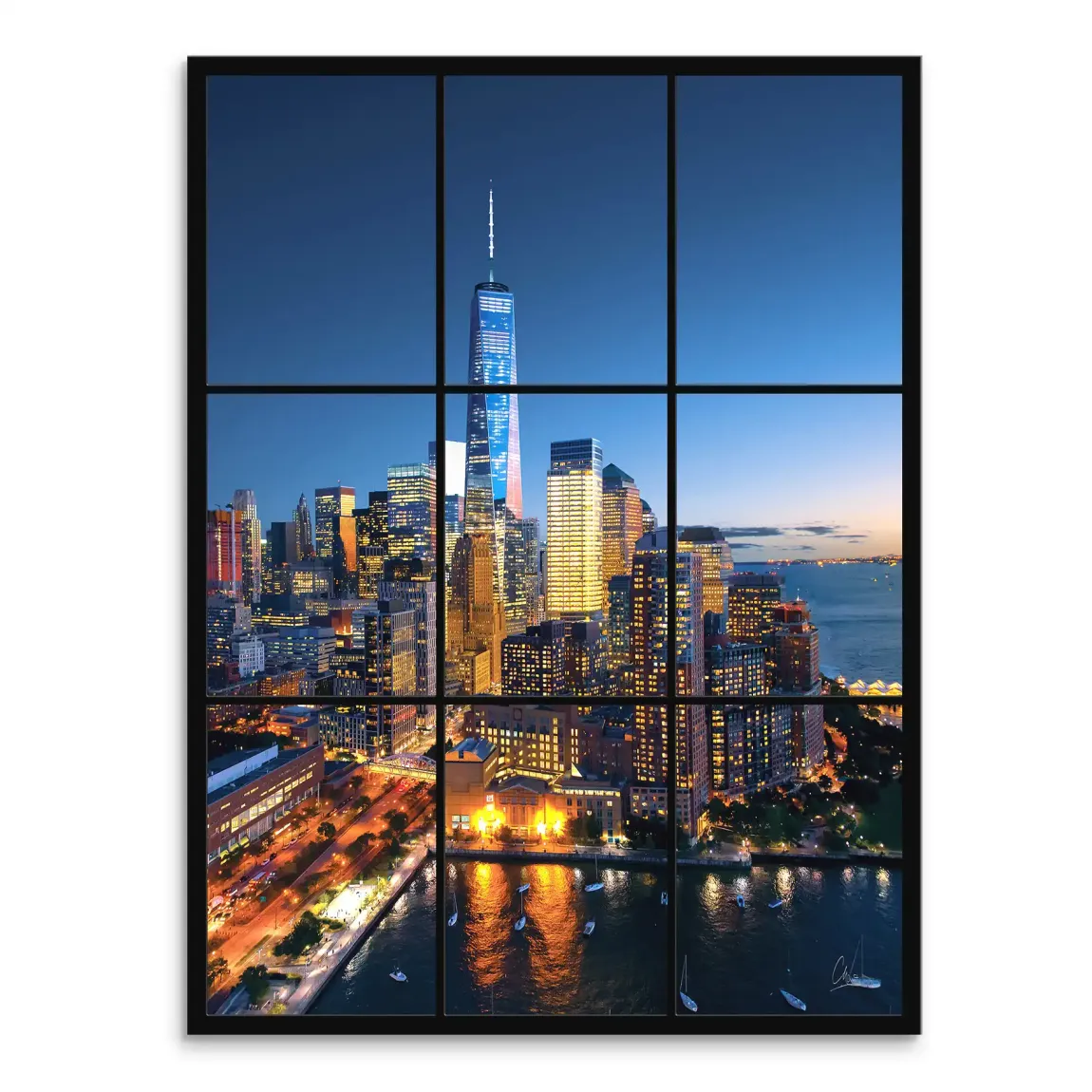 Nighttime New York City skyline with One World Trade Center lit up among a sea of illuminated buildings.