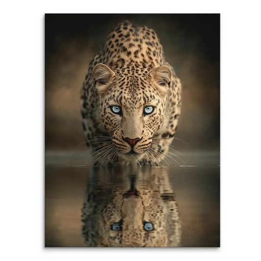 Head-on leopard portrait with piercing blue eyes on canvas