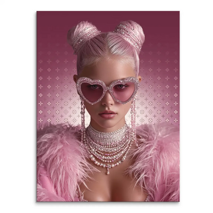 Glamour Girl canvas print featuring a close-up portrait with pink hair in ornate buns and heart-shaped sunglasses.