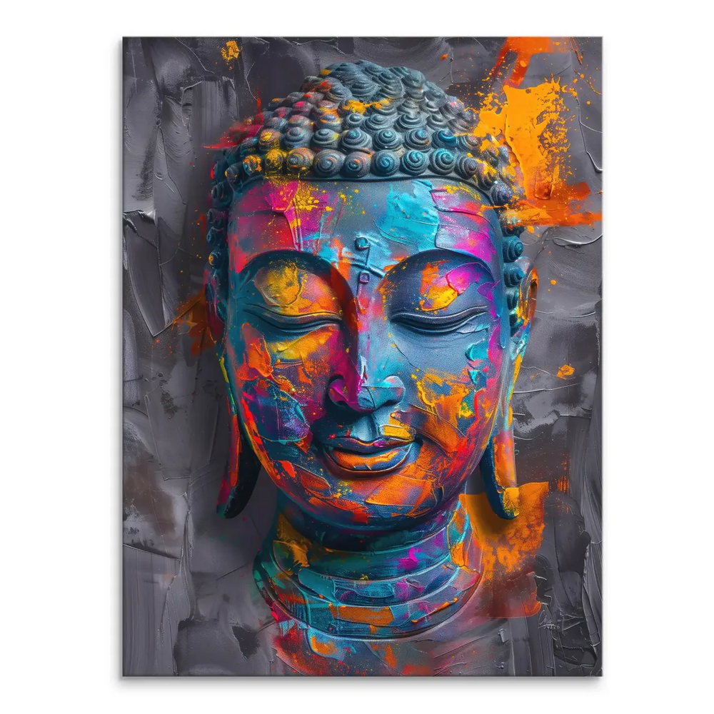 Close-up of a serene Buddha head on a canvas with electric blue, orange, magenta, and yellow paint splatters against a dark gray textured background.