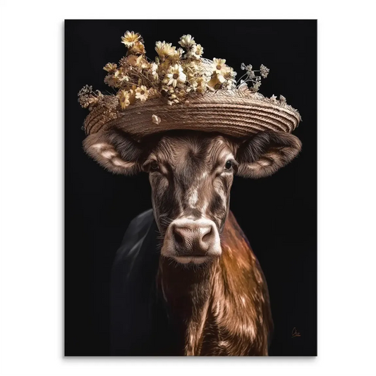 Brown cow wearing a straw hat with dried yellow flowers on a black background canvas art