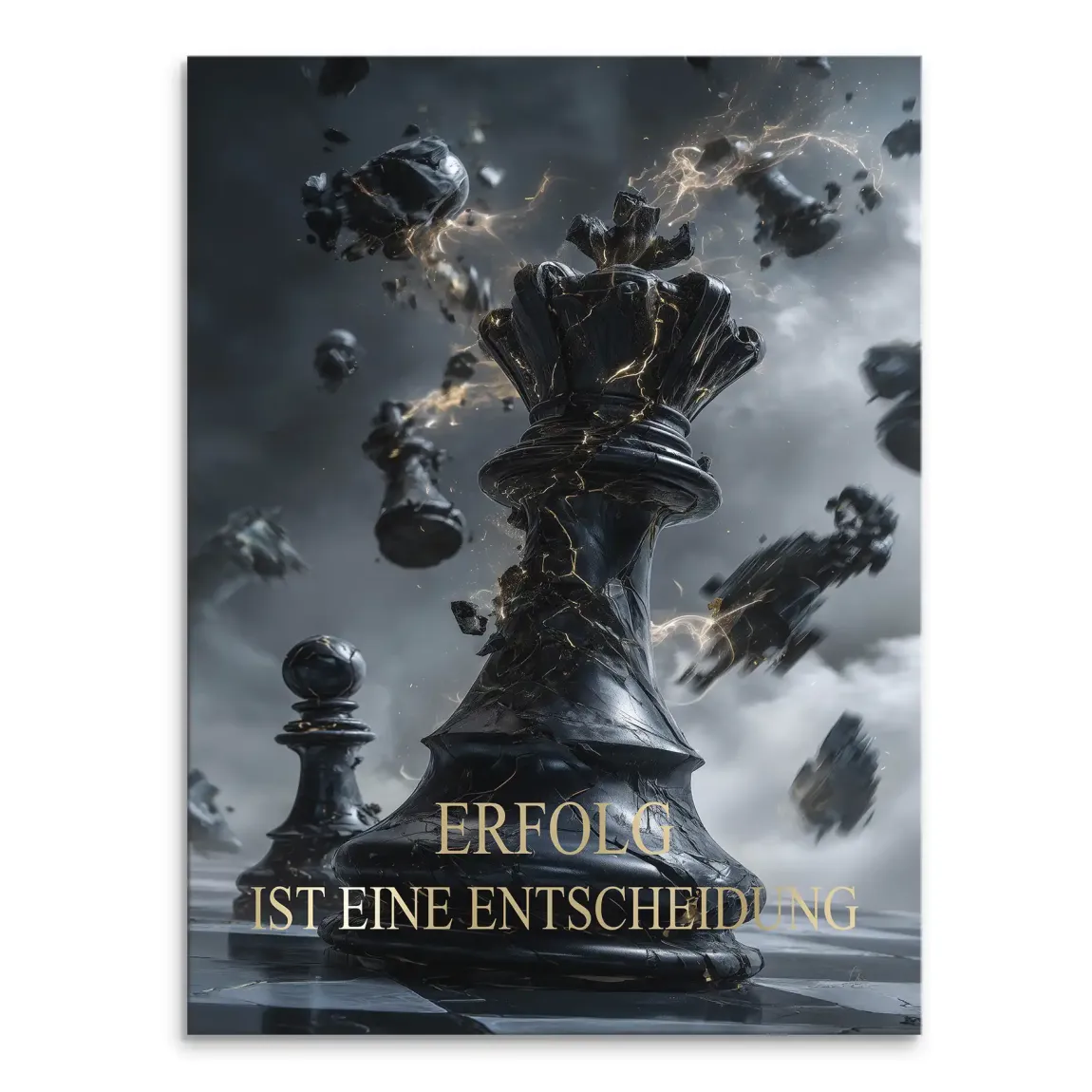 Majestic black chess queen with glowing gold energy amid a storm of floating pieces