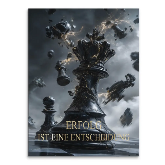 Majestic black chess queen with glowing gold energy amid a storm of floating pieces
