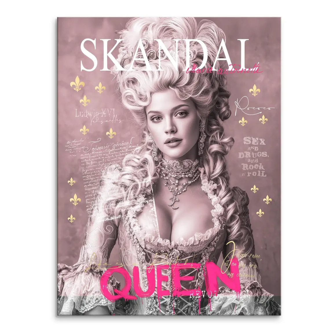 Marie Antoinette-inspired pop art canvas: glamorous queen with Rococo dress and large powdered wig on pink background
