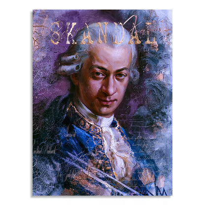 Rock Me Amadeus canvas print featuring a stylized Mozart portrait in a blue coat with gold accents on a purple-blue background with SKANDAL lettering.