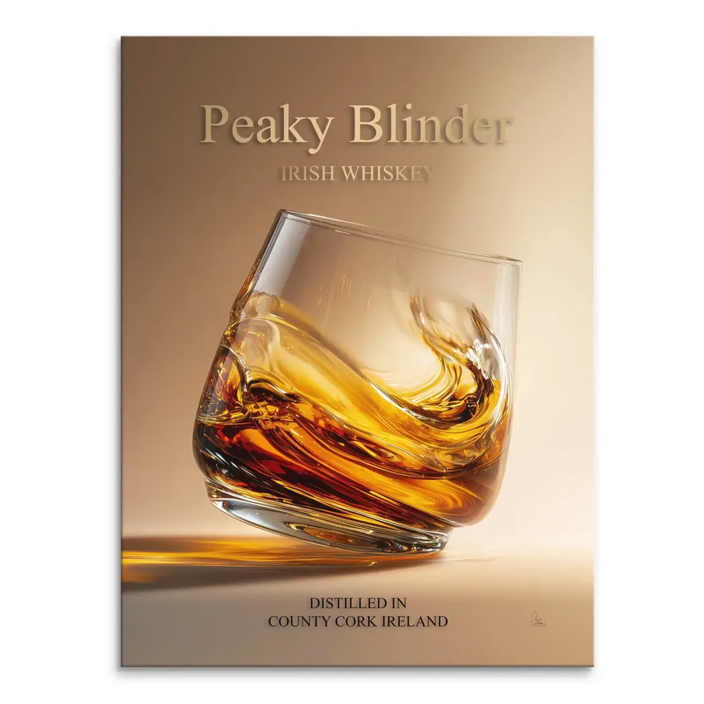 Whiskey glass mid-swirl with amber liquid on warm gradient backdrop