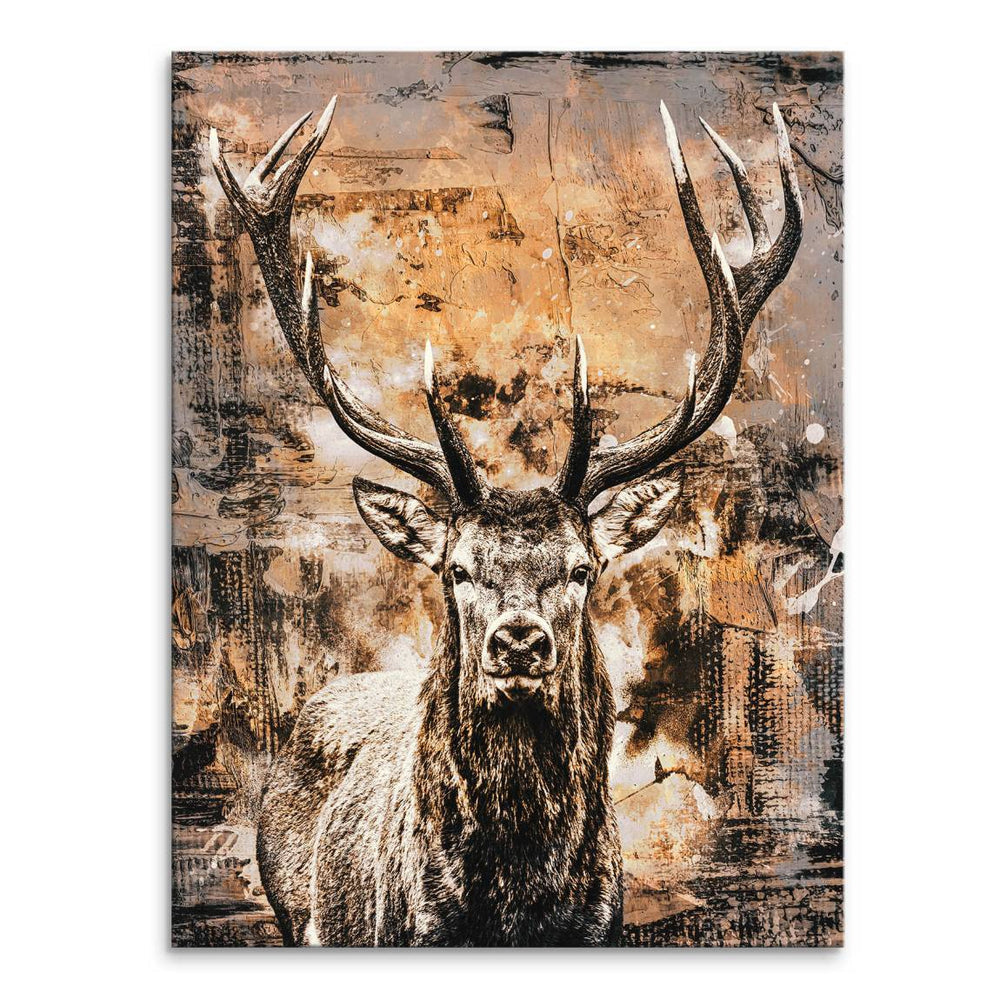 Powerful stag with impressive antlers on a desaturated abstract canvas.