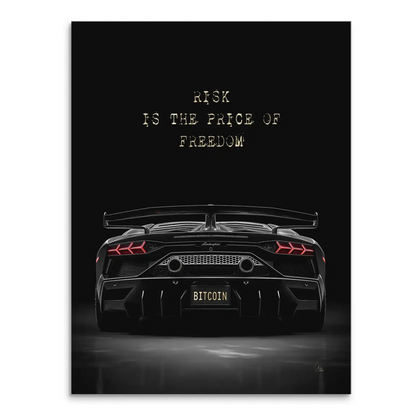Rear view of a black Lamborghini on a dark background with a gold Bitcoin license plate