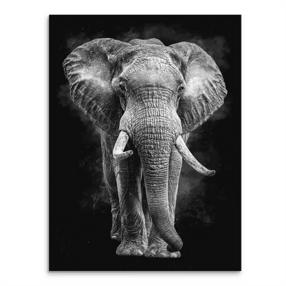Black elephant centered on canvas with high-contrast monochrome tones and textured skin