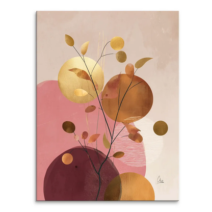 Abstract canvas art featuring gold accents and warm leaves against a beige background