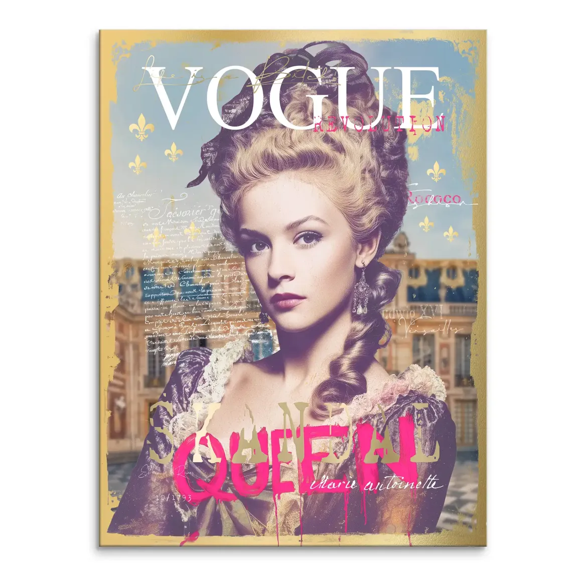 Marie Antoinette-inspired woman on a Vogue Revolution canvas cover with Versailles backdrop and QUEEN graffiti.