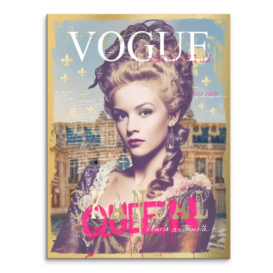 Marie Antoinette-inspired woman on a Vogue Revolution canvas cover with Versailles backdrop and QUEEN graffiti.