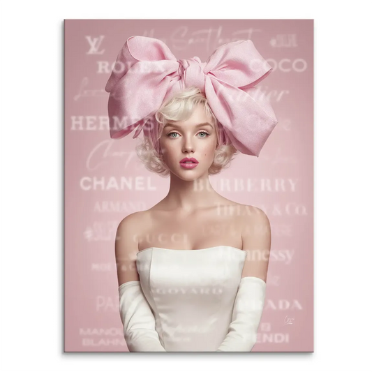 Glamorous Marilyn Monroe-inspired couture pop art portrait on canvas with pink bow and white gown