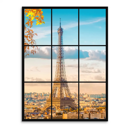 Eiffel Tower bathed in golden morning light over a Paris cityscape, seen through a window with autumn leaves in the foreground.