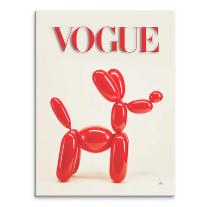 Glossy red balloon dog on cream background with Vogue logo