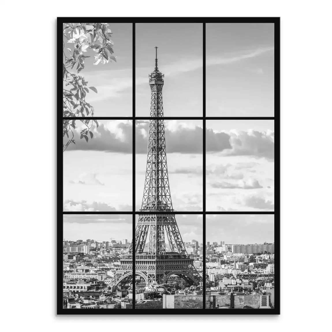 Paris skyline canvas print with the Eiffel Tower rising above the urban skyline in a nine-panel black-and-white grid.