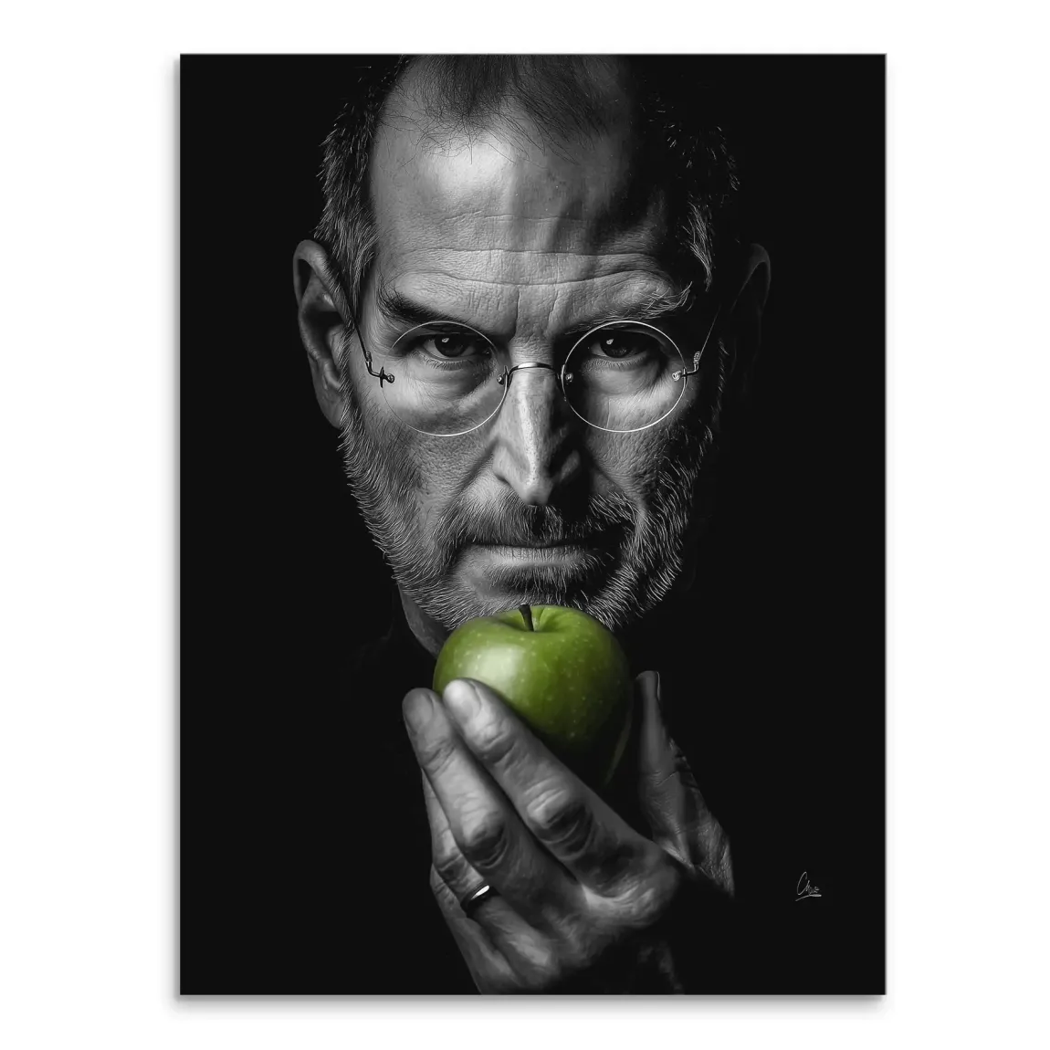 Black-and-white portrait of Steve Jobs holding a bright green apple, with a vivid color accent.