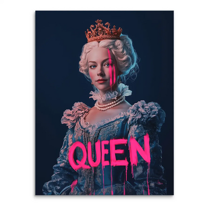 Queen neon art on canvas with crown and blue gown and neon pink facial streaks