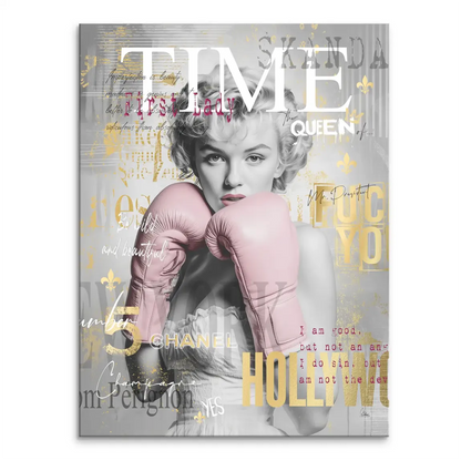 Marilyn Monroe Pop Art canvas print with black-and-white portrait and pink boxing gloves