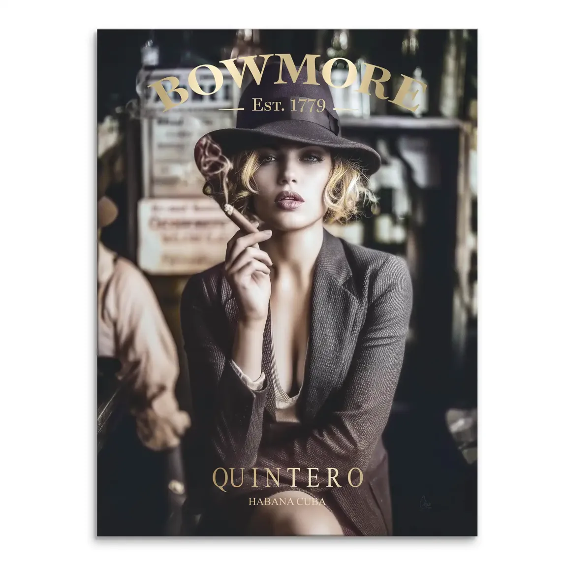 Whisky Noir canvas art featuring a glamorous blonde woman in a fedora holding a cigar in a dim bar