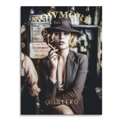 Whisky Noir canvas art featuring a glamorous blonde woman in a fedora holding a cigar in a dim bar