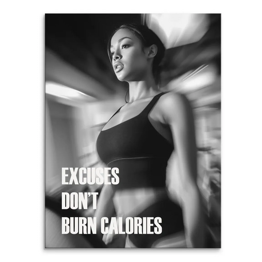 Black-and-white fitness canvas print featuring a focused woman in athletic wear in motion