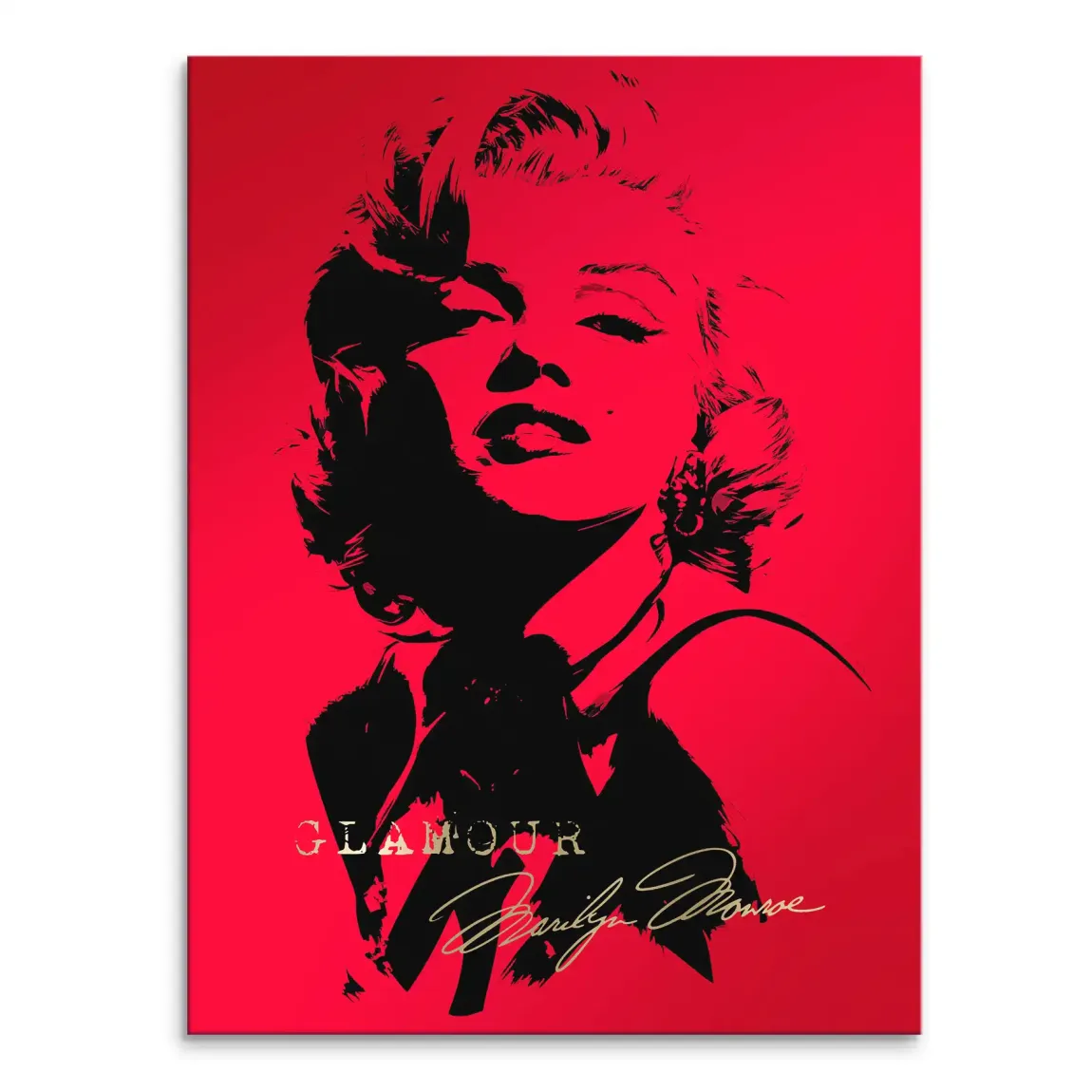 Marilyn Monroe pop art canvas portrait on a black and red gradient background with a gold GLAMOUR signature