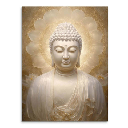 Golden Buddha canvas wall art featuring a serene white Buddha in meditation with a golden halo.