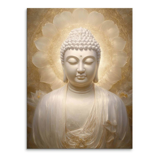 Golden Buddha canvas wall art featuring a serene white Buddha in meditation with a golden halo.