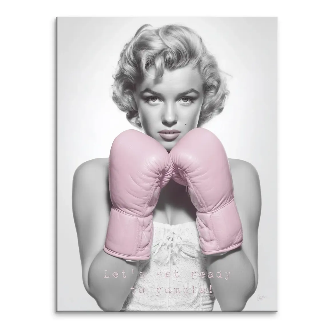 Marilyn Monroe boxing canvas print with pastel pink gloves in a black-and-white photo-inspired design.