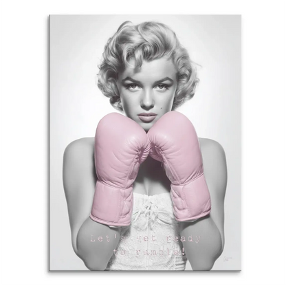 Marilyn Monroe boxing canvas print with pastel pink gloves in a black-and-white photo-inspired design.