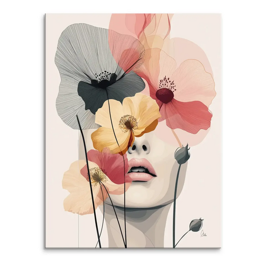 Portrait of a woman’s face with translucent poppy-like blooms in pastel tones on canvas