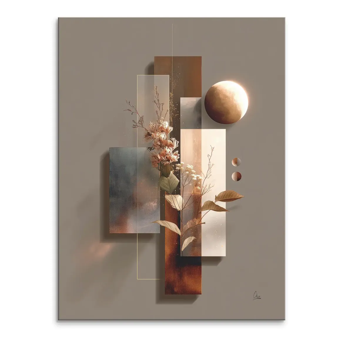 Celestial Bloom Harmony canvas art featuring abstract geometry and dried botanical elements in muted earthy tones.