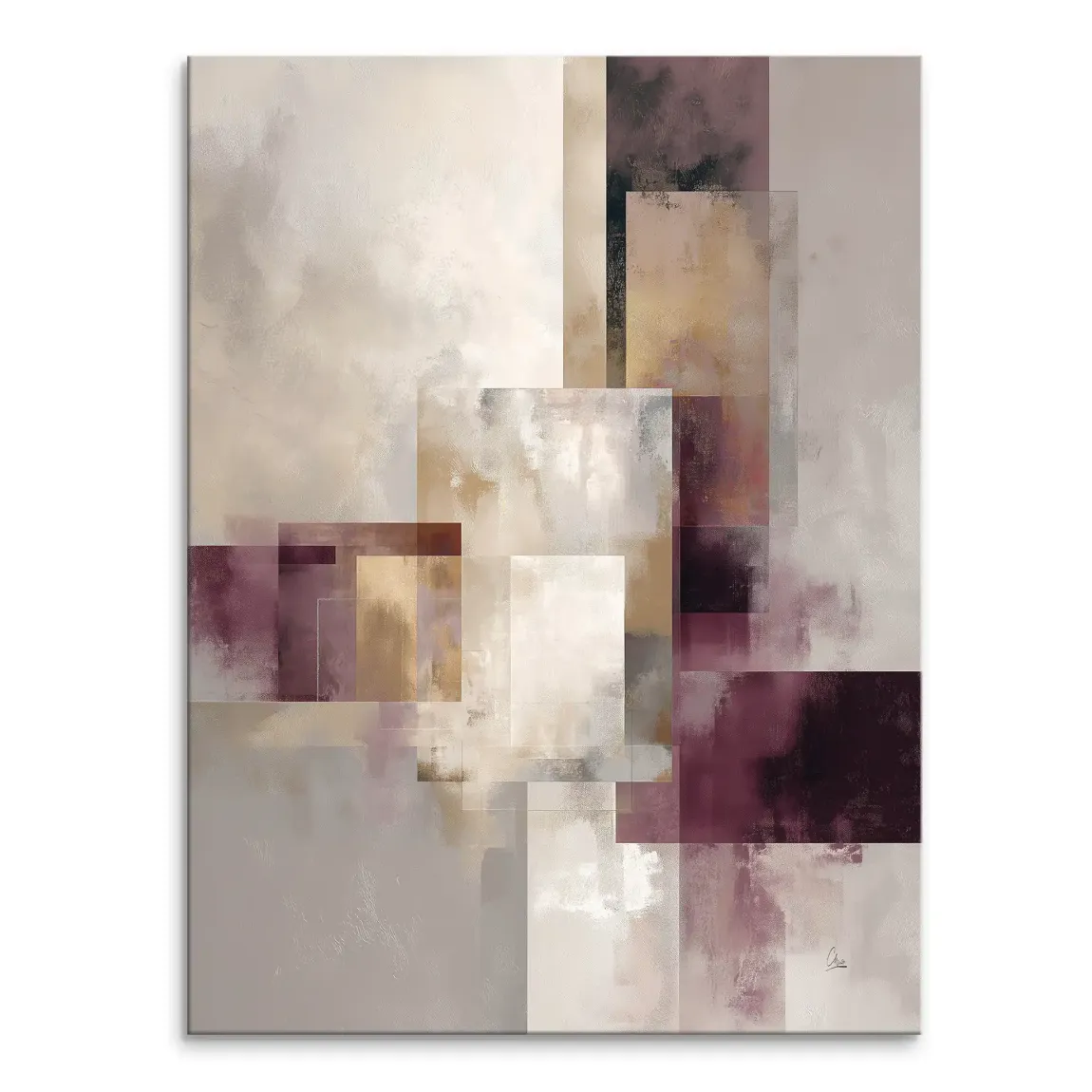 Abstract geometry canvas print with overlapping textured rectangles in warm neutrals and plum accents
