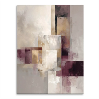 Abstract geometry canvas print with overlapping textured rectangles in warm neutrals and plum accents