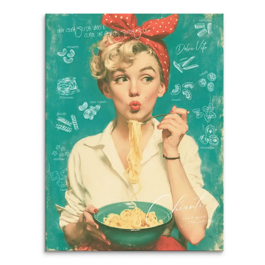 Marilyn Monroe wearing a red polka-dot headscarf, white shirt, holding a bowl of pasta on a teal retro canvas.