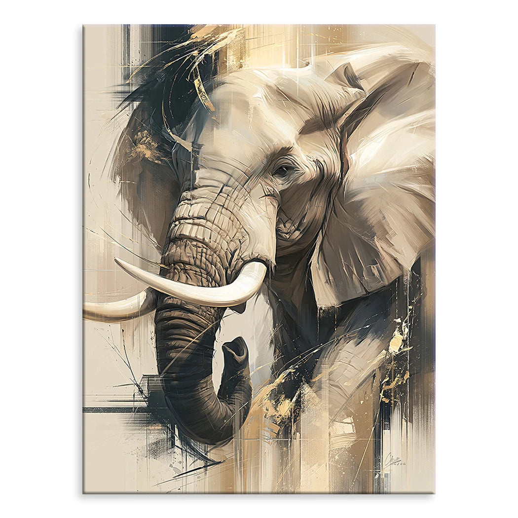 Close-up elephant head on a gold-accented canvas with abstract painterly strokes