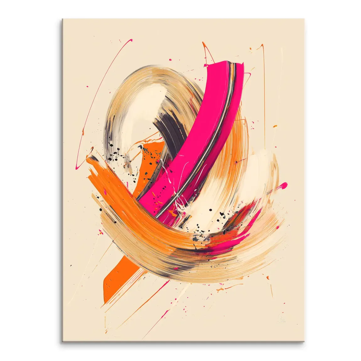 Abstract canvas painting with hot pink and orange brushstrokes on creamy beige background and metallic accents.