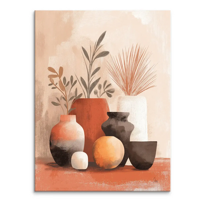 Terracotta Grace canvas: modern abstract still life with ceramic vases in warm earthy tones.