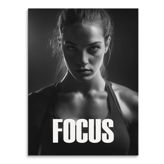 Black-and-white canvas featuring a focused female athlete with FOCUS across her chest.