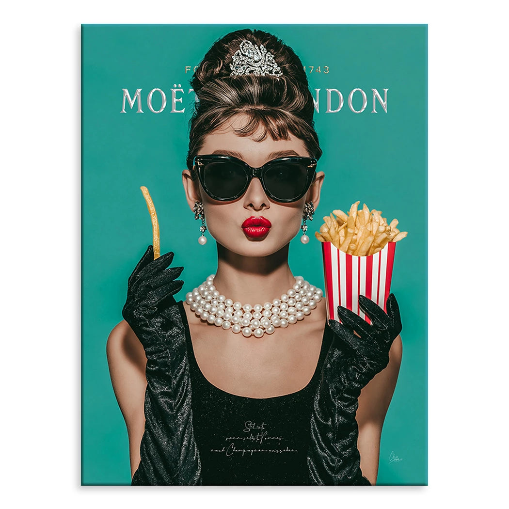Audrey Hepburn inspired portrait on canvas with a playful French fries motif.