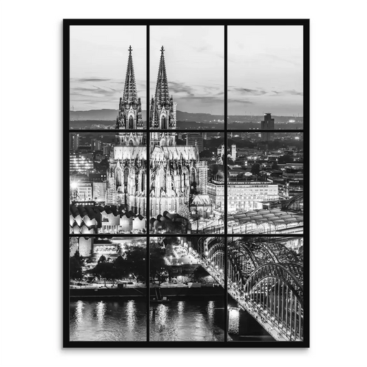 Cologne Cathedral at night dominates the skyline in a black-and-white nine-panel canvas.