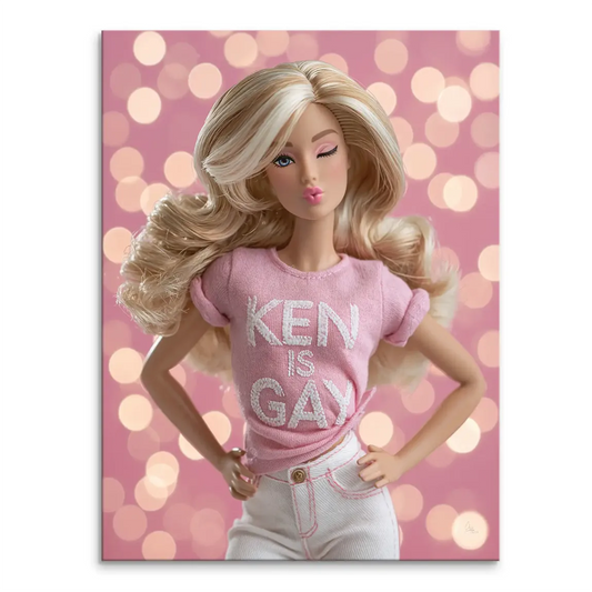 Barbie Ken is Gay canvas art featuring a blonde Barbie winking with a pink t-shirt that reads KEN IS GAY against a pink bokeh background.