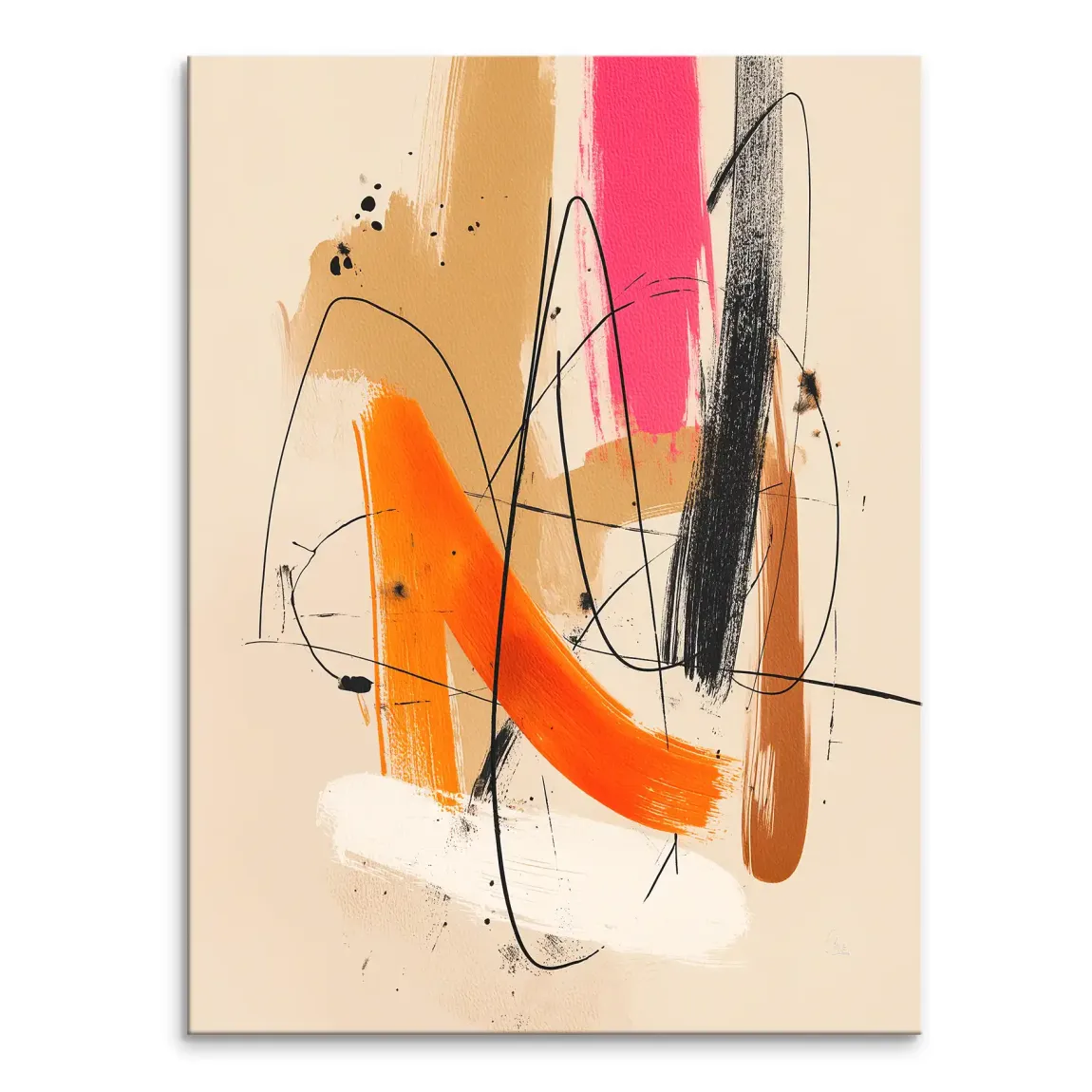 Energetic abstract canvas with warm orange, tan, and brown blocks accented by hot pink and white