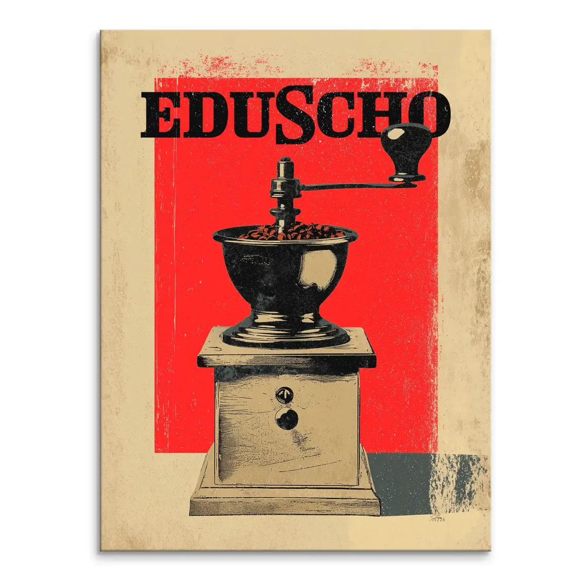 Vintage Eduscho coffee grinder on a canvas print with a bold red panel and distressed cream background.