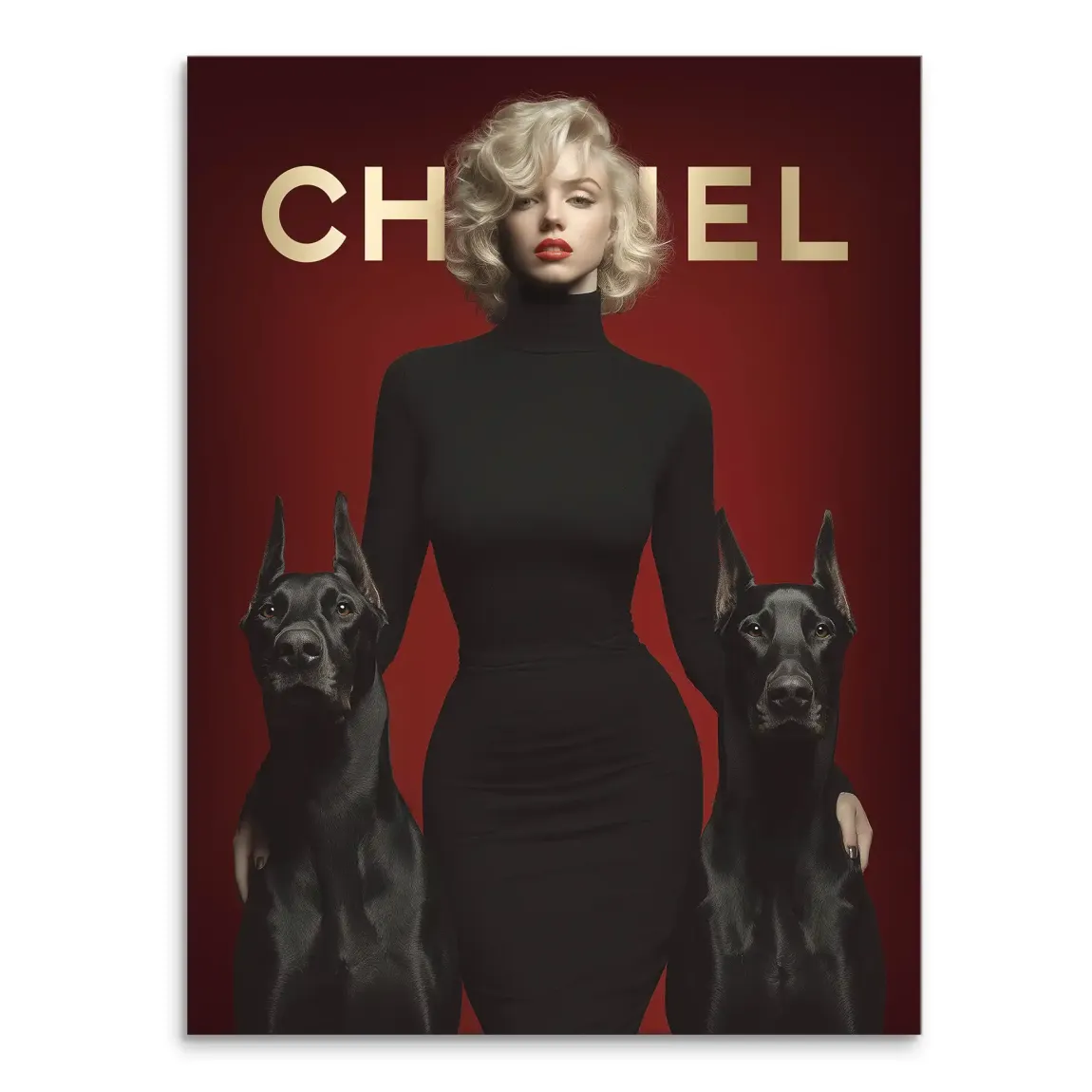 Marilyn Monroe-inspired blonde woman in a black turtleneck with two black Doberman silhouettes against a deep red background and a gold CHANEL logo
