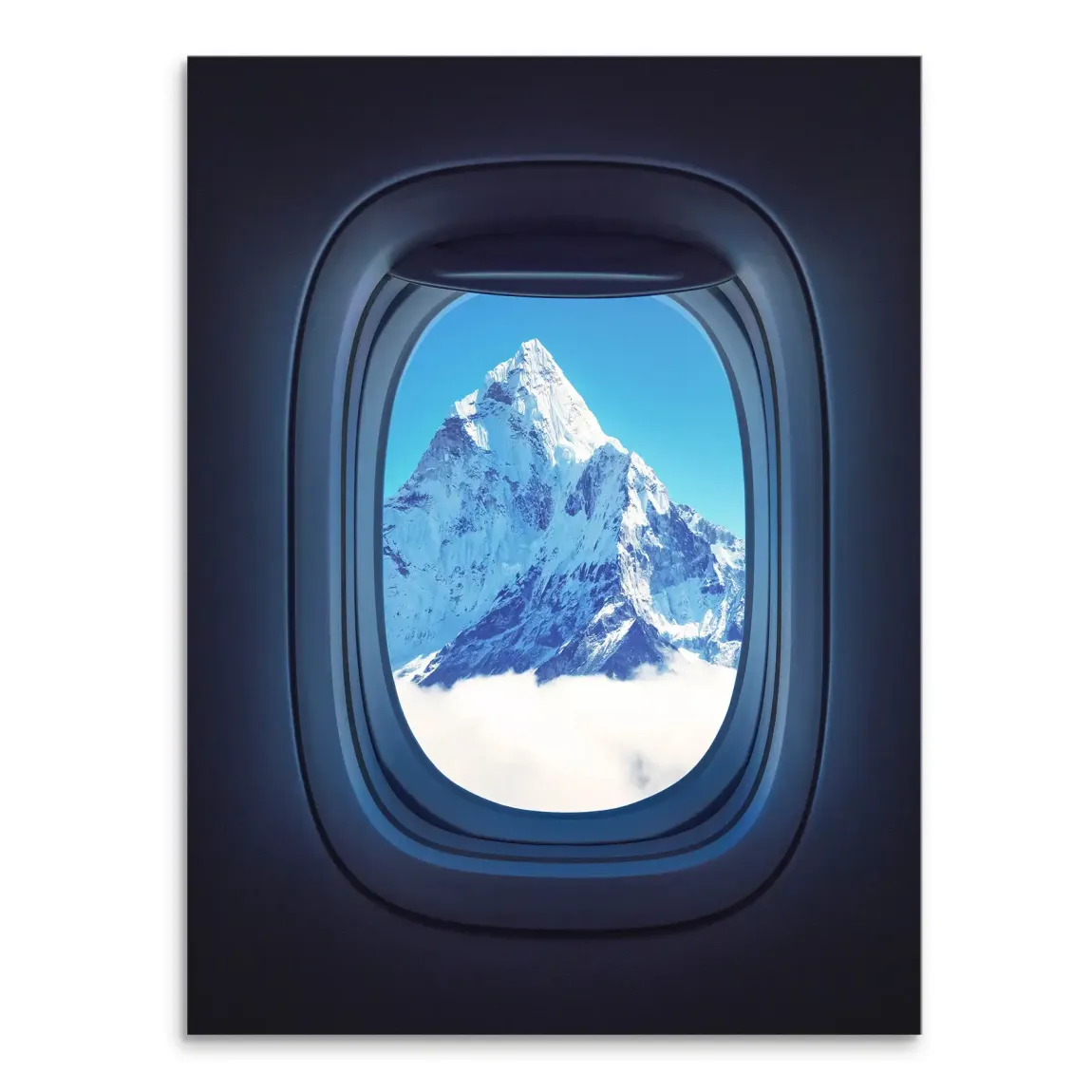 Canvas print viewed through an airplane window featuring Mount Everest