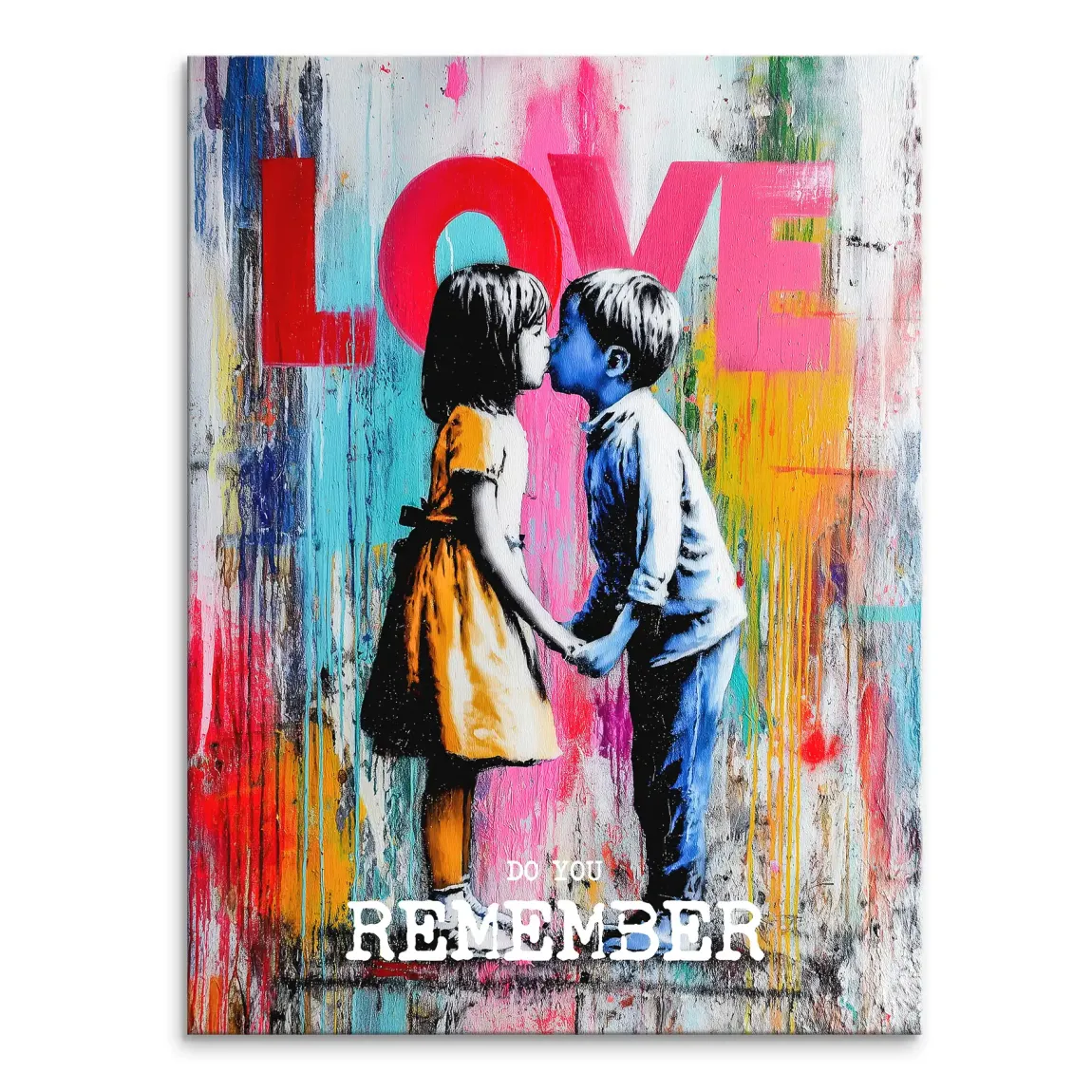 Canvas painting of two children kissing in grayscale with selective color highlights and bold LOVE text