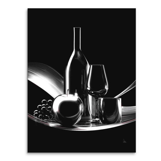 Tall wine bottle and two wine glasses on a curved glowing surface in a high-contrast black and white canvas print
