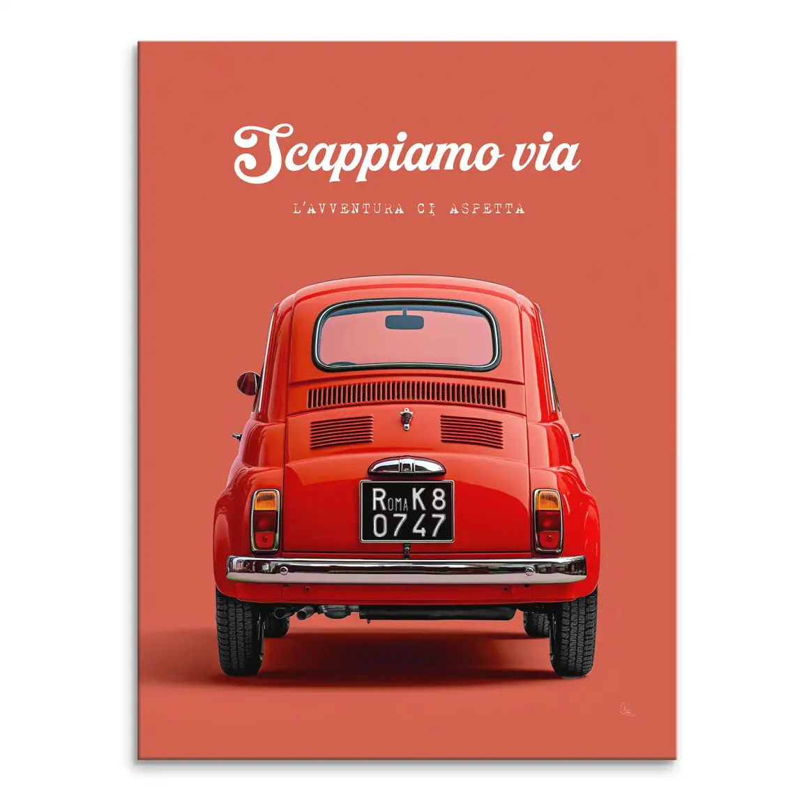 Rear view of a red Fiat 500 on a warm terracotta canvas wall art